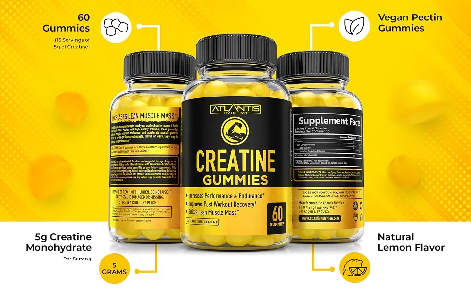Creatine Monohydrate Gummies for Strength & Athletic Performance - 5g Creatine Per Serving - Creatine Chews to Build Muscle Increase Performance & Improve Post Workout Recovery - 60 Gummies 60 Count (Pack of 1) - creatine gummies