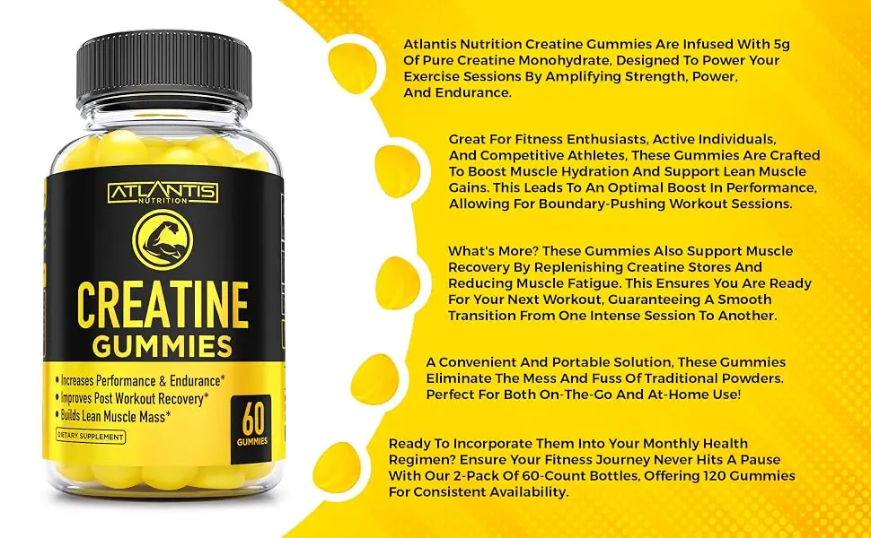 Creatine Monohydrate Gummies for Strength & Athletic Performance - 5g Creatine Per Serving - Creatine Chews to Build Muscle Increase Performance & Improve Post Workout Recovery - 60 Gummies 60 Count (Pack of 1) - Creatine Monohydrate Gummies for Strength & Athletic Performance - 5g Creatine Per Serving