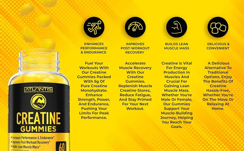 Creatine Monohydrate Gummies for Strength & Athletic Performance - 5g Creatine Per Serving - Creatine Chews to Build Muscle Increase Performance & Improve Post Workout Recovery - 60 Gummies 60 Count (Pack of 1) - Creatine Monohydrate Gummies for Strength & Athletic Performance - 5g Creatine Per Serving