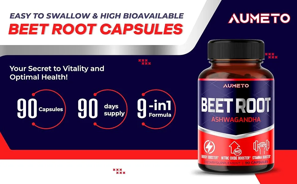 Beet Root Capsules - Enhanced with Ashwagandha for Optimal Blood Flow Nitric Oxide Production Energy Endurance and Stamina (90 Count (Pack of 1)) - Aumeto Beet Root Supplement