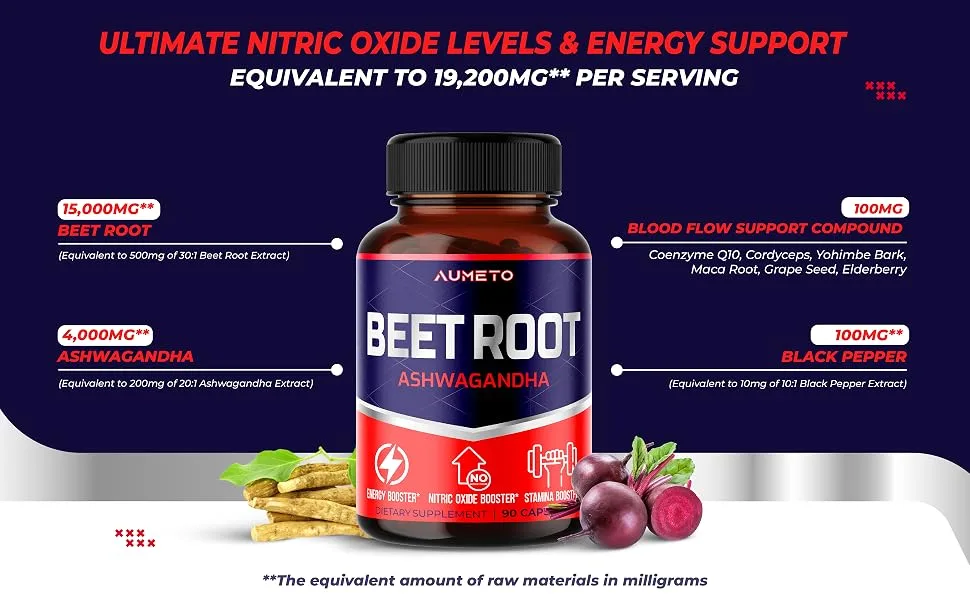 Beet Root Capsules - Enhanced with Ashwagandha for Optimal Blood Flow Nitric Oxide Production Energy Endurance and Stamina (90 Count (Pack of 1)) - Aumeto Beet Root Supplement