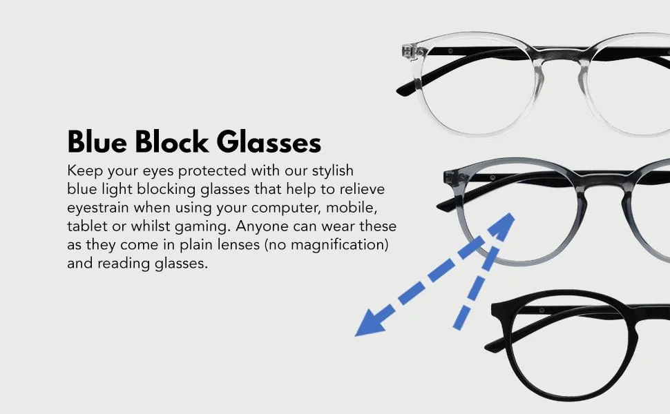 OPULIZE Met - Reading Glasses with Blue Light Blocking 2 Pack Slim Round Frame Scratch Resistant Spring Hinges Improve Sleep Computer Gaming Anti-Reflective Black Transparent Mens Womens BB60-1C +3.00 - blue block glasses