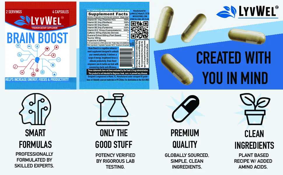 Brain Boost Capsules - Advanced Cognitive Enhancer for Razor-Sharp Focus Sustained Energy & Mental Clarity - 5-Pack (10 Servings) - Lyvwel Brain Boost Quality Ingredients