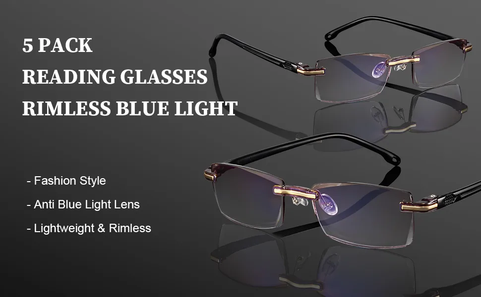 Gaoye 5 Pack Reading Glasses Men Blue Light Blocking Computer Glasses Anti UV Readers Diamond Cut Edges Lens Rimless Design (A1-5 Pack 1.50 multiplier_x) A1-5 Pack 1.5 x - reading glasses