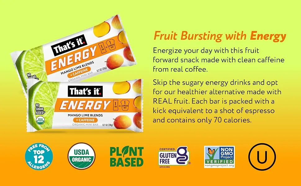 That's it. Mango Lime Caffeine Blends Energy Mini Bars (15 Count) Allergy-Friendly Nut Free non-GMO Fat & Gluten Free Snacks Mango Lime 15 Count (Pack of 1) - 02_TIN_AMAZON_EBC_1802ML-15
