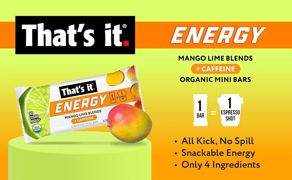 That's it. Mango Lime Caffeine Blends Energy Mini Bars (15 Count) Allergy-Friendly Nut Free non-GMO Fat & Gluten Free Snacks Mango Lime 15 Count (Pack of 1) - Mango Lime Blends
