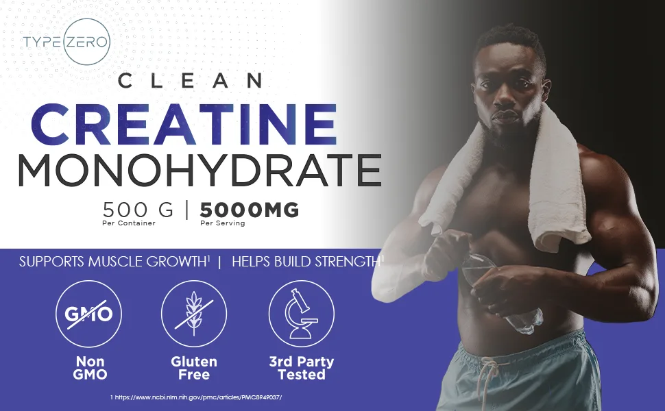 Type Zero Creatine Monohydrate (Unflavored | 500g) 5000 mg Per Serving Micronized Zero Sugar Keto Friendly & Gluten Free 100 Servings 100 Servings (Pack of 1) - Type Zero Clean Creatine Monohydrate 500 grams