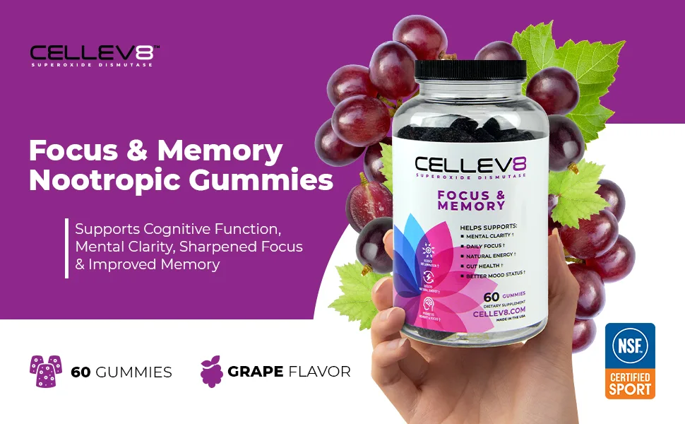 Cellev8 Focus & Memory Nootropic Gummies - Supports Cognitive Function Mental Clarity Sharpened Focus & Improved Memory - D-Ribose Energy Boost - Gluten Free Made in USA - Grape Flavor 60 Count - Focus & Memory