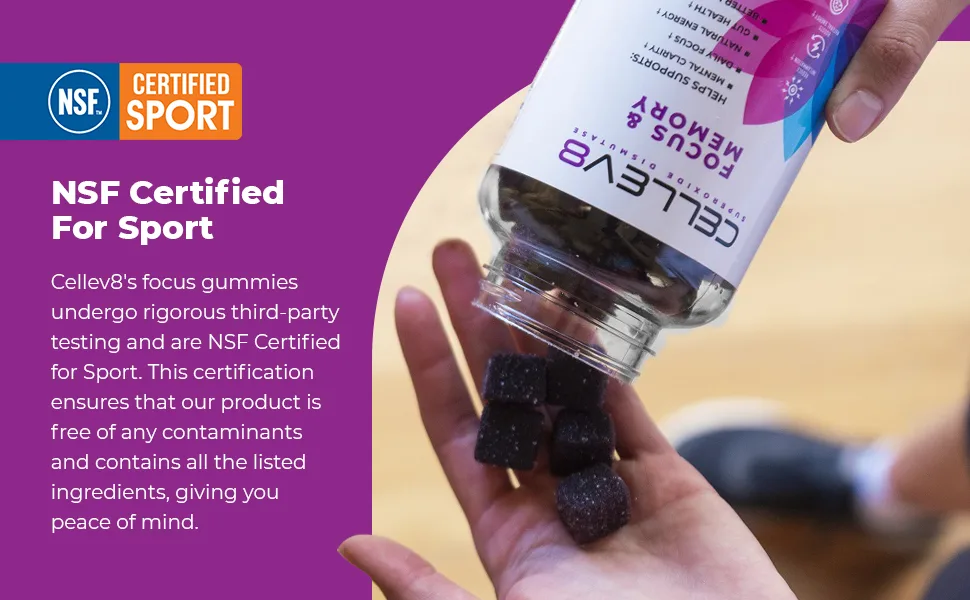 Cellev8 Focus & Memory Nootropic Gummies - Supports Cognitive Function Mental Clarity Sharpened Focus & Improved Memory - D-Ribose Energy Boost - Gluten Free Made in USA - Grape Flavor 60 Count - Focus & Memory
