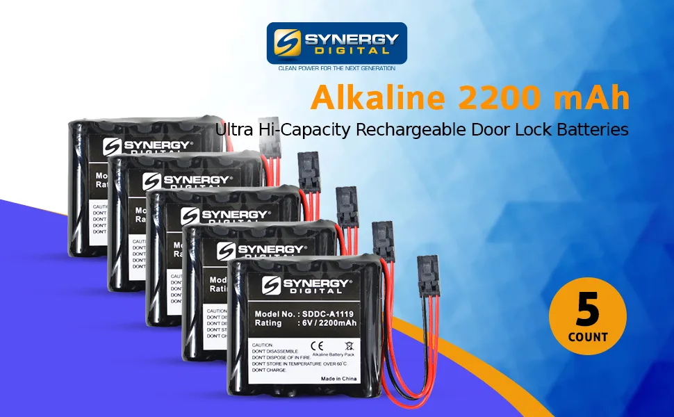 Synergy Digital Door Lock Batteries Compatible with Stanley Security Systems VPDBB Door Lock (Alkaline 6V 2200 mAh) Combo-Pack Includes: 5 x SDDC-A1119 Batteries - SDDC-A1119