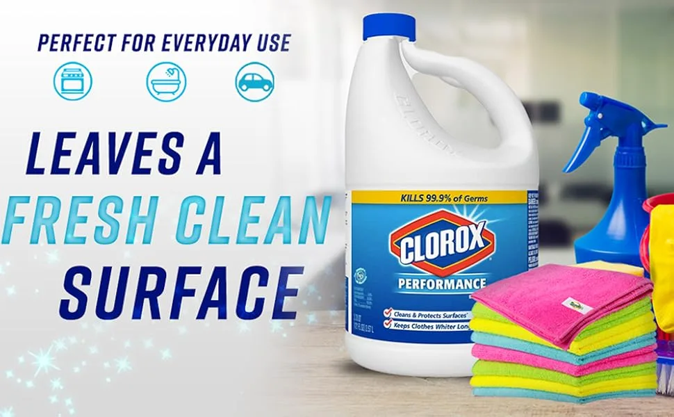 Bleach Liquid Cleaner for Laundry and Bathroom 121 oz. Includes 6-Pack Microfiber Cleaning Cloths - Effective Bulk Bleach Cleaner Concentrate for Laundry Linens Floors Bathroom Tiles - Bleach and towels