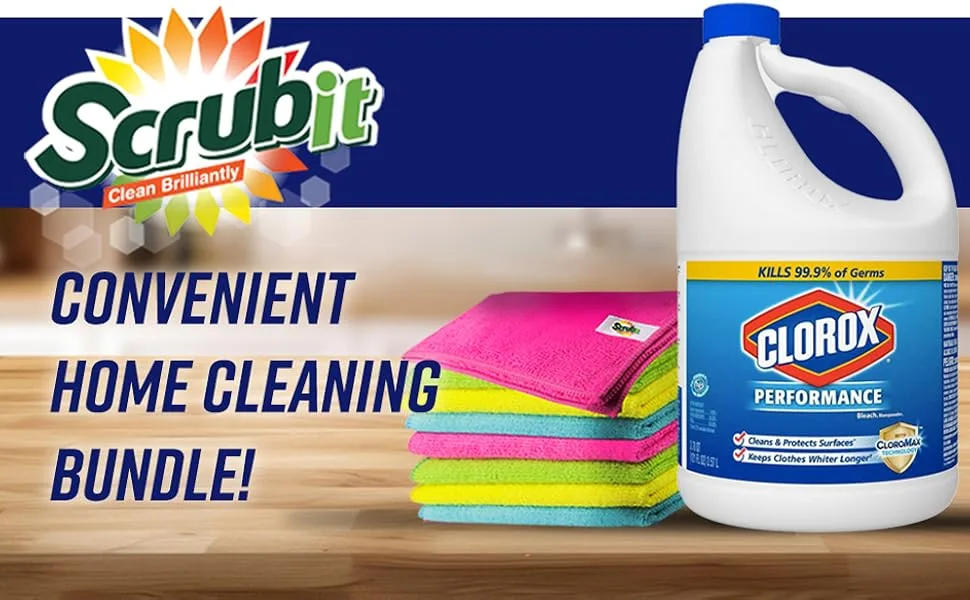 Bleach Liquid Cleaner for Laundry and Bathroom 121 oz. Includes 6-Pack Microfiber Cleaning Cloths - Effective Bulk Bleach Cleaner Concentrate for Laundry Linens Floors Bathroom Tiles - Towels with Bleach