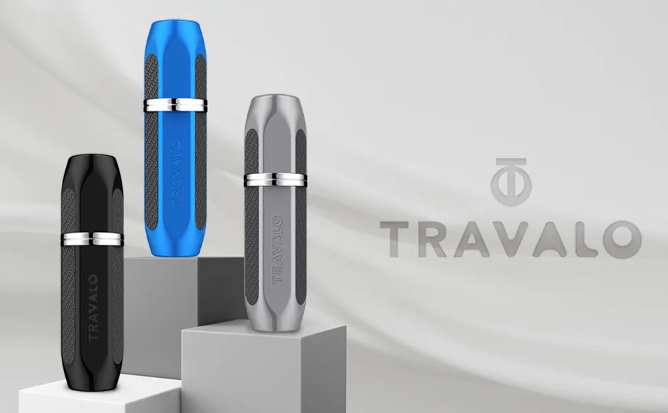 Travalo Vector Perfume Atomizer Bundle Refill System TSA Approved Reusable Easy Fill Mini Sprayer Lightweight Stylish Handsome Metal Outer Case Cologne Aftershave | Silver Blue Black 3 Pack 0.17oz - portable perfume refillable bottle travel