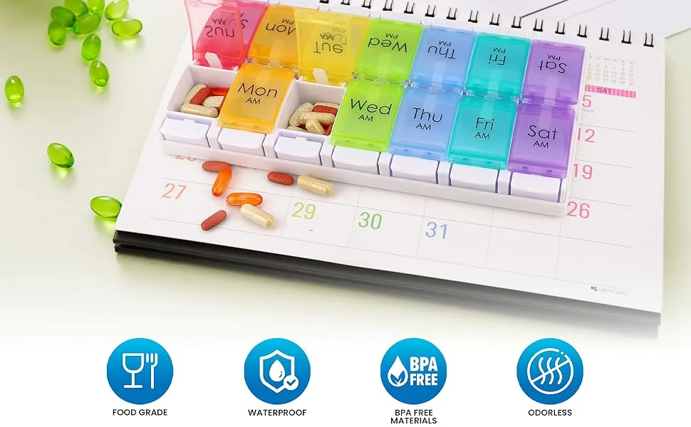 Medical Pill Box Organizer for Medicines - Easy Open Weekly Large Pill Box Case AM PM Reminder - 14 Large Compartments Unique Spring Assisted Design for Tablets Vitamins Medication and Cod Liver Oil - AMPM Pill box 1