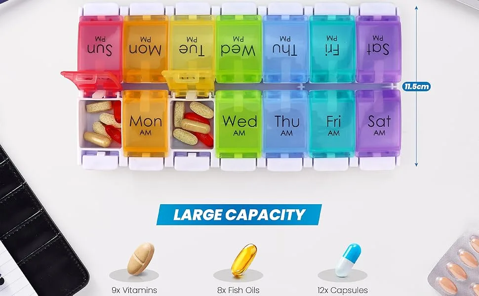 Medical Pill Box Organizer for Medicines - Easy Open Weekly Large Pill Box Case AM PM Reminder - 14 Large Compartments Unique Spring Assisted Design for Tablets Vitamins Medication and Cod Liver Oil - AMPM Pill box3
