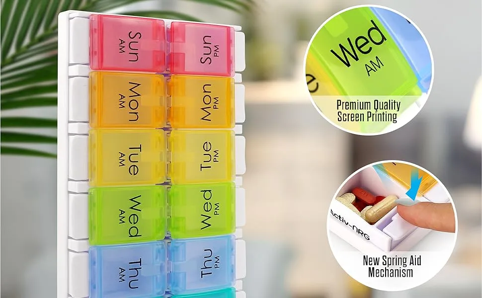Medical Pill Box Organizer for Medicines - Easy Open Weekly Large Pill Box Case AM PM Reminder - 14 Large Compartments Unique Spring Assisted Design for Tablets Vitamins Medication and Cod Liver Oil - AMPM Pill box4