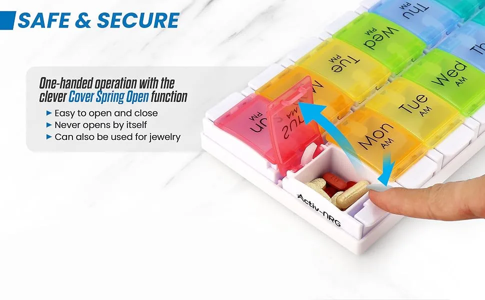 Medical Pill Box Organizer for Medicines - Easy Open Weekly Large Pill Box Case AM PM Reminder - 14 Large Compartments Unique Spring Assisted Design for Tablets Vitamins Medication and Cod Liver Oil - AMPM Pill box5