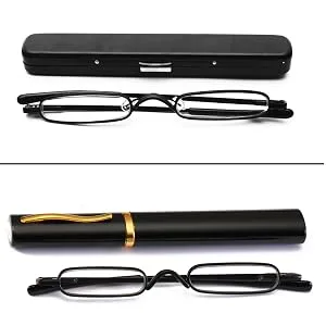 Mini Metal Reading Glasses - Slim Pocket Readers with Pen Clip Case for Reading Case (2 PCS) 3.50 (Black) 3.5 x - 2 pairs