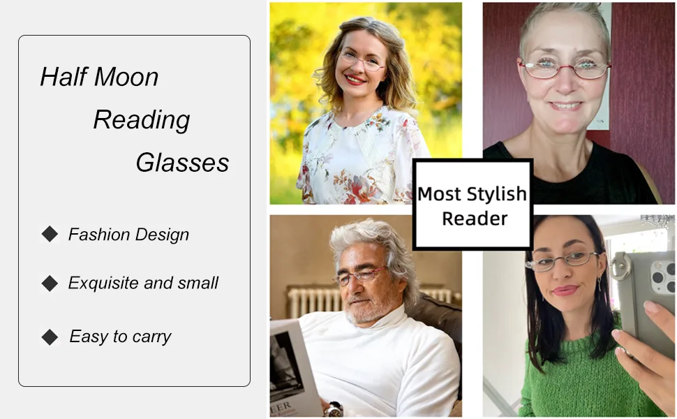 Half Frame Reading Glasses Half Metal Moon Readers for Women Men 2 Pairs 2.00 2 Pack(gray black) 2.0 x - product information 2