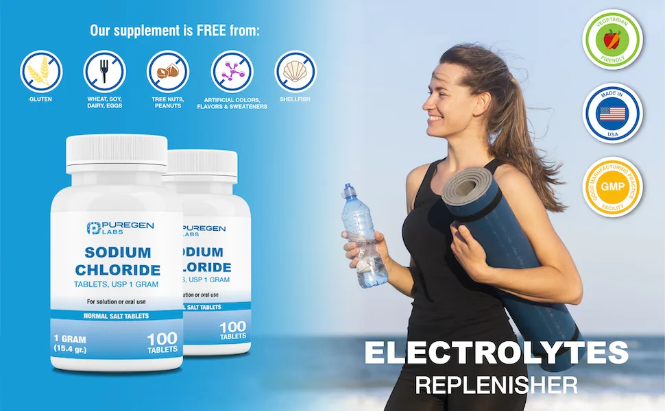 Puregen Labs Sodium Chloride Tablets 1 gm (1000 mg) USP | (15.4gr.) | 100 Count | Normal Salt Tablets | Made in USA | Electrolytes Replenisher Hydration Drink - salt tablets sodium tablets sodium chloride