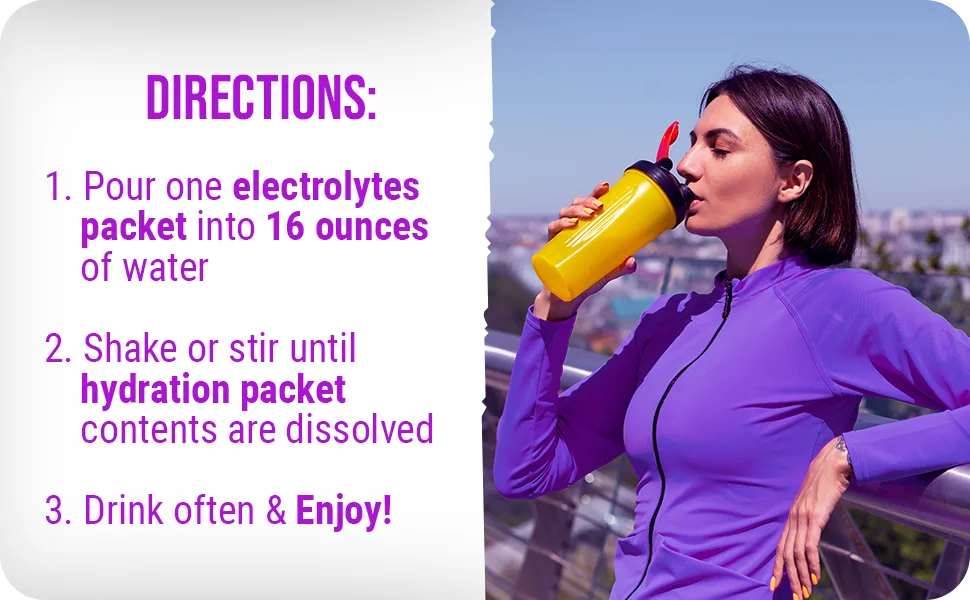 Wellgenix Hydrate48 - Electrolyte Powder Packets with No Sugar (15 Packets) - Keto Electrolytes Powder Packets - Hydration Powder Packets - Raspberry Lemonade Flavor - Directions-1. Pour, shake or stir and enjoy