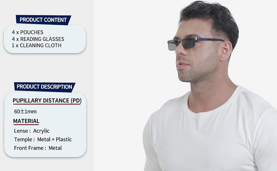 JJWELL 4 Pack Reading Glasses for Men Blue Light Blocking Metal Full Frame Readers for Men Anti Eyestrain/Dryness/Computer Glare/UV Spring Hinge Blue Rays Blocker Reader Glasses (325 Strength) 4 Mixed Color 3.25 x - product information 4