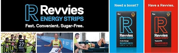 Revvies Extra Strength Strips | Mint | 100mg Caffeine Per Strip | Suitable Pro Athletes | Sugar-Free | Vegan | 6 x 5PK | 30 Strips | Individually Wrapped - Revvies logo and energy strips