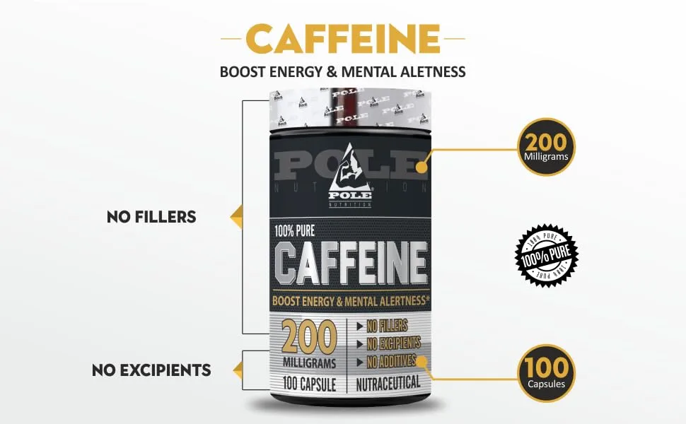Caffeine Capsules for Energy | Focus and Endurance 200mg Each | 100 Count Bottle 100 Servings - Pole Nutrition Caffeine