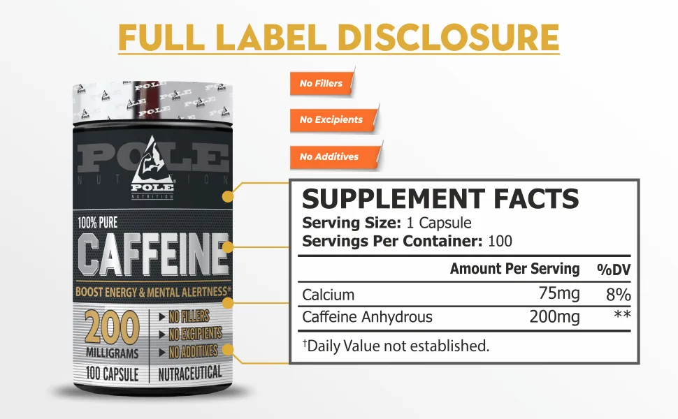 Caffeine Capsules for Energy | Focus and Endurance 200mg Each | 100 Count Bottle 100 Servings - Pole Nutrition Caffiene