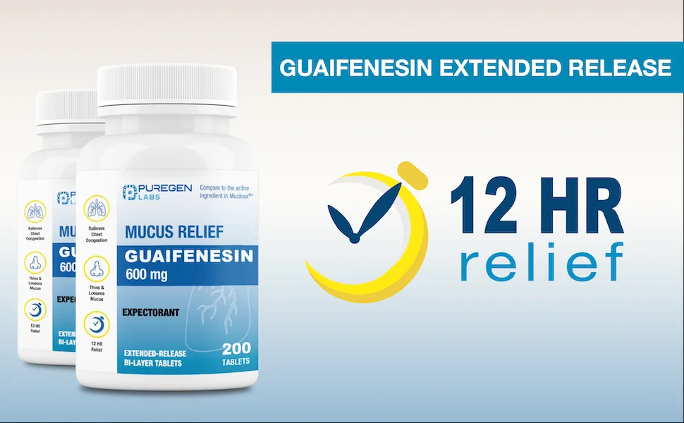 Puregen Labs Mucus Relief 12 Hour Extended Release Guaifenesin 600mg High Potency | Value Size 200 Count | Chest Congestion Expectorant 600 mg Tablets - Guaifenesin Extended Release 600 mg