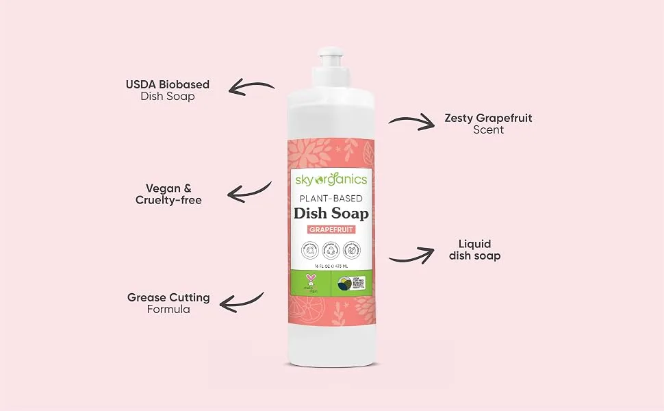 Sky Organics Grapefruit Dish Soap (16 fl oz x 2 Pack) Bio-Based Liquid Grease Cutting Soap Cruelty-Free Biodegradable Formula - dishsoap with grapefruits natural ingredients