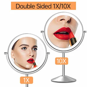 Lighted Makeup Mirror with Magnification, Rechargeable Double Sided 10X Magnifying Mirror with Light, 8 Inch Makeup Vanity Mirror with 3 Light Setting, Touch Control, Desktop Cosmetic Light Up Mirror Chrome - Double Side Makeup Mirror with Lights