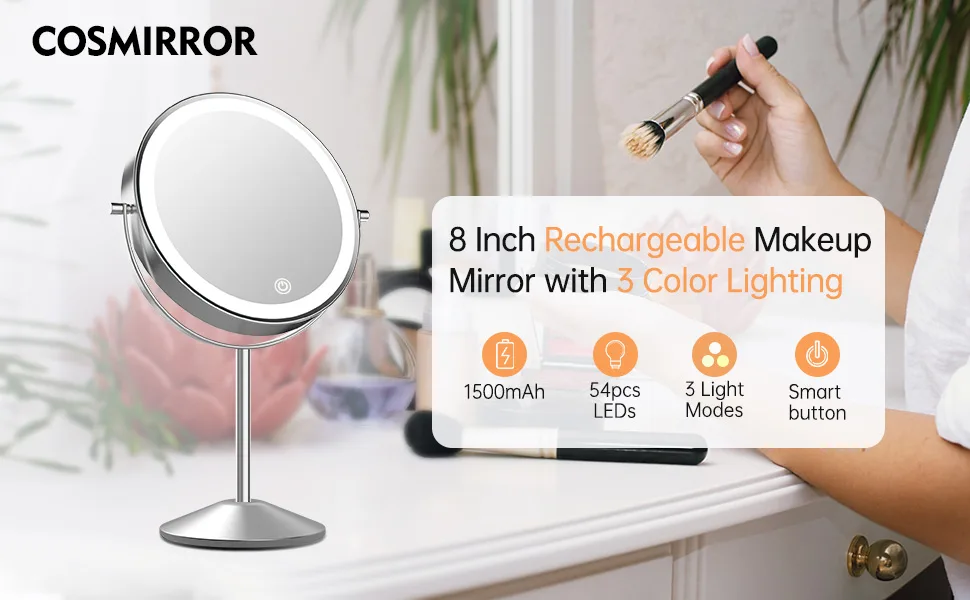 Lighted Makeup Mirror with Magnification, Rechargeable Double Sided 10X Magnifying Mirror with Light, 8 Inch Makeup Vanity Mirror with 3 Light Setting, Touch Control, Desktop Cosmetic Light Up Mirror Chrome - Double Sided Makeup Mirror with Lights and Mganification