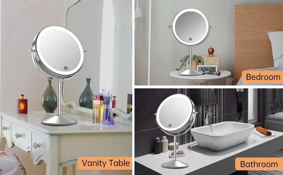 Lighted Makeup Mirror with Magnification, Rechargeable Double Sided 10X Magnifying Mirror with Light, 8 Inch Makeup Vanity Mirror with 3 Light Setting, Touch Control, Desktop Cosmetic Light Up Mirror Chrome - Lighted makeup mirror with magnification