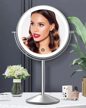 Lighted Makeup Mirror with Magnification, Rechargeable Double Sided 10X Magnifying Mirror with Light, 8 Inch Makeup Vanity Mirror with 3 Light Setting, Touch Control, Desktop Cosmetic Light Up Mirror Chrome - Lighted makeup mirror with magnification