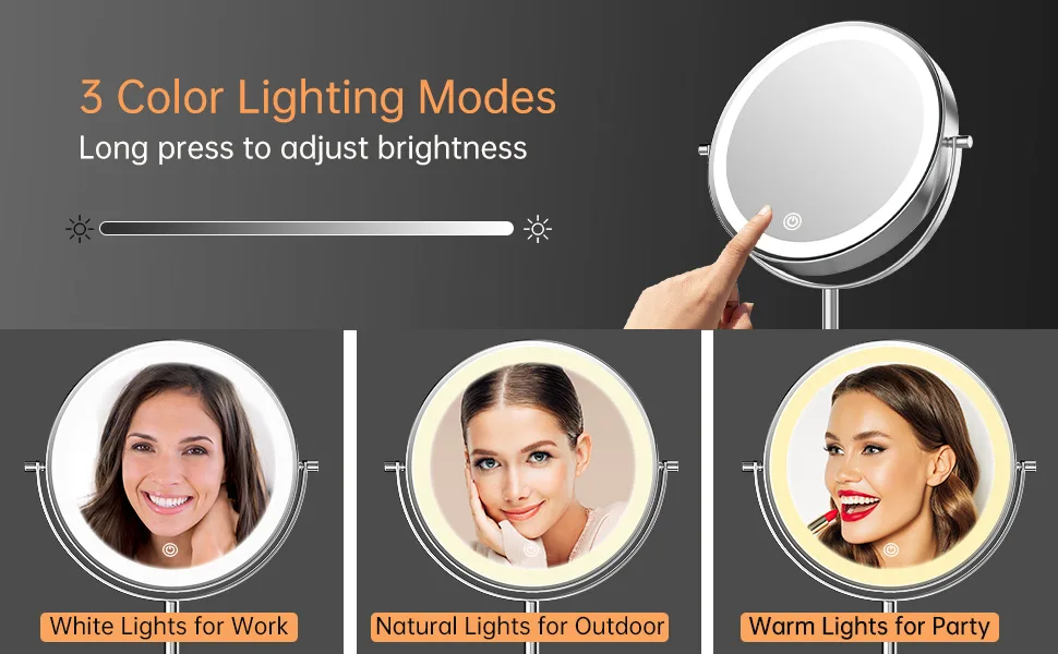 Lighted Makeup Mirror with Magnification, Rechargeable Double Sided 10X Magnifying Mirror with Light, 8 Inch Makeup Vanity Mirror with 3 Light Setting, Touch Control, Desktop Cosmetic Light Up Mirror Chrome - Makeup Mirror with 3 Color Lighting