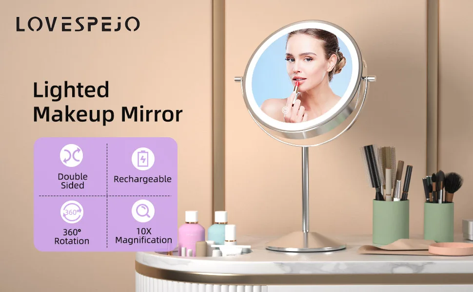 Lighted Makeup Mirror with Magnification, 1X 10X Magnifying Mirror with Light, Rechargeable 8'' HD Double Sided Tabletop Vanity Mirror, 3 Color LED Dimmable Desk Lit Cosmetic Mirror Fashion Silver - lighted makeup mirror