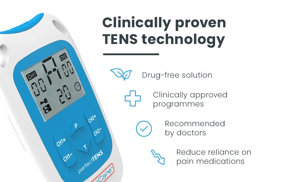 TensCare Perfect TENS Pain Aide + Value Pack - Clinically Tested Pain Reliever - Joint Cervical and Muscle Pain Relief - Perfet tens
