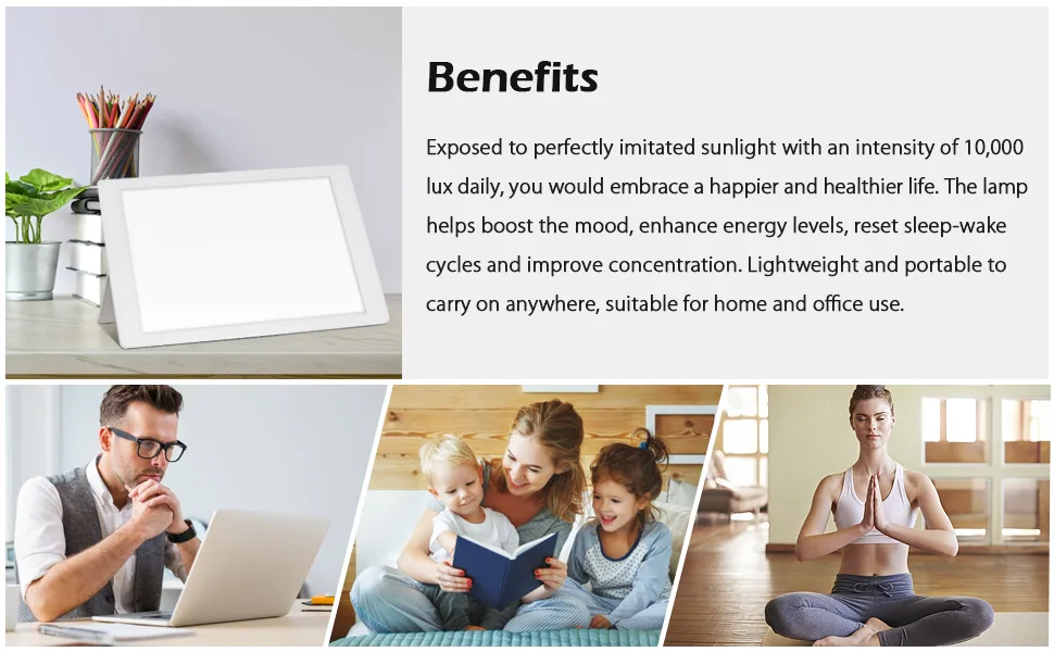 Light Therapy Lamp, 10000 Lux UV-Free Bright White, Adjustable Brightness, Timer Setting, Foldable Bracket, for Home/Office Use - light therapy light