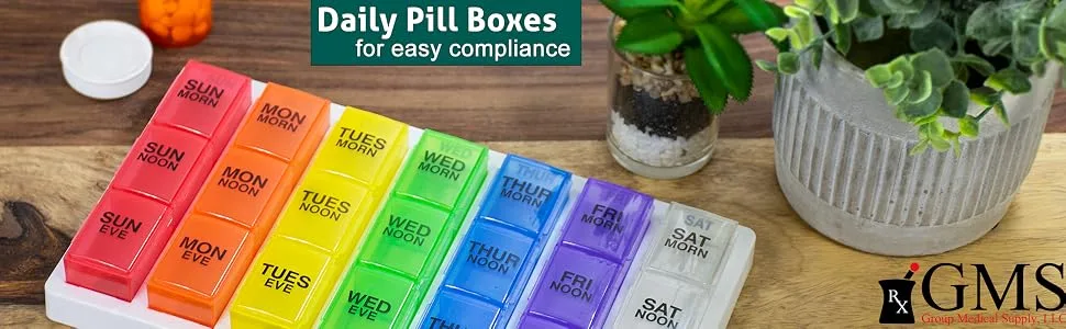 GMS Weekly Pill Organizer Rainbow Portable Travel Pill Holder Cases (7-Day/3-Times-A-Day) with Removable Daily Boxes for Vitamins Supplements and Medication - weekly pill case container supplement vitamin capsules daily every meal meds medications kids child