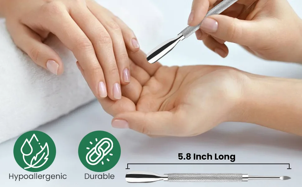 4PCS Cuticle Pusher Double Ended Sharp Edge Spoon Shaped Set Salon Quality Stainless Steel Metal Manicure Pedicure Nail Polish Remover Cleaner Tools for Fingernails Toenails - Size 5.8 inch long
