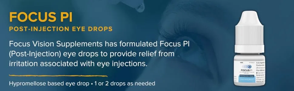 Focus Vision Supplements - Focus PI Post-Injection Eye Drops (10ml Bottle) Support Macular Health Lubricating Eye Drops Long Lasting Hydration 0.34 Fl Oz (Pack of 1) - focus post injection eye drops