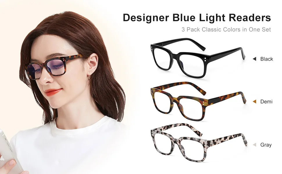 Madison Avenue 3 Pack Multicolor Square Blue Light Blocking Reading Glasses for Women Spring Hinge Computer Readers - womens fashion classic blue light readers black tortoise grey demi +1.0 +1.5 +2.0 +2.5 +3.0 +3.5
