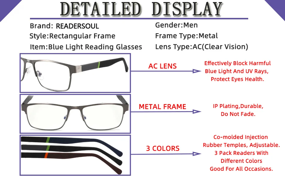 3-Pack Reading Glasses for Men Blue Light Blocking Trendy Metal Frame Computer Readers Antieye Strain/Glare Uv Ray Filter Eyeglasses(+1.75 Magnification Strength) 3 Pack Mix Colors 1.75x - clear vision