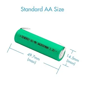 Tenergy AA 1.2V NiMH 2000mAh Flat Top Rechargeable AA Batteries with Tabs 10 Pack - Standard AA size