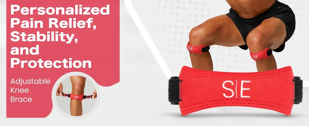 Special Essentials Patellar Tendon Knee Support Strap - Adjustable Brace With Compression Pad for Pain Relief Stability & Comfort - Suitable for all Sports & Workouts (2 Pack) (Red) - Patellar Band Red