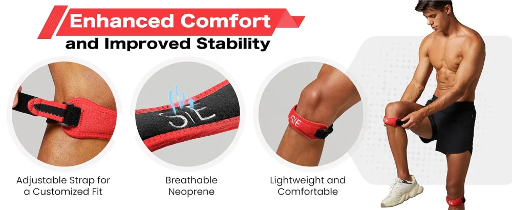 Special Essentials Patellar Tendon Knee Support Strap - Adjustable Brace With Compression Pad for Pain Relief Stability & Comfort - Suitable for all Sports & Workouts (2 Pack) (Red) - Patellar Band Red