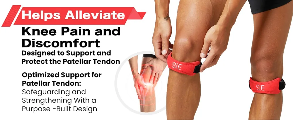 Special Essentials Patellar Tendon Knee Support Strap - Adjustable Brace With Compression Pad for Pain Relief Stability & Comfort - Suitable for all Sports & Workouts (2 Pack) (Red) - Patellar Band Red