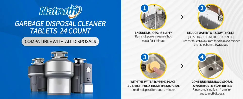NATRUTH Garbage Disposal Cleaner Tablets - 24 Count - Lemon Scent - Removes Odor & Grease - Safe & Natural - Easy to Use - Deep Cleaning & Freshening - Septic Safe - NATRUTH Garbage Disposal Cleaner Tablets