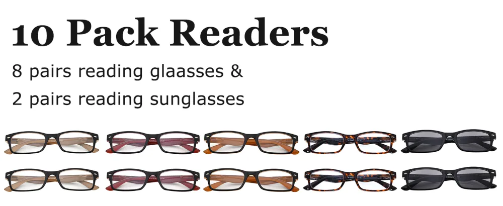 LUR Reading Glasses for Men Women 10 Pack Spring Hinges Readers Include Reading Sunglasses +2.50 10 Pack Mix Color -R055 2.5 x - rectangular reading glasses for women MEN